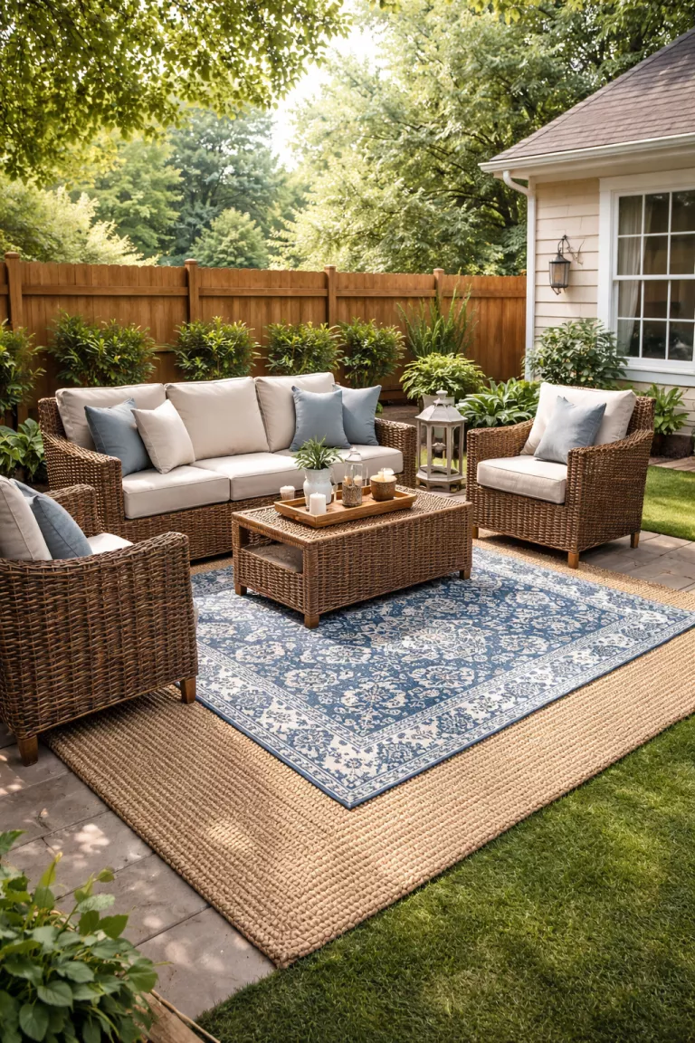 A realistic photo of a typical American home's backyard with two overlapping outdoor rugs, one large beige jute rug and a smaller blue bohemian patterned rug, under a set of wicker patio furniture.