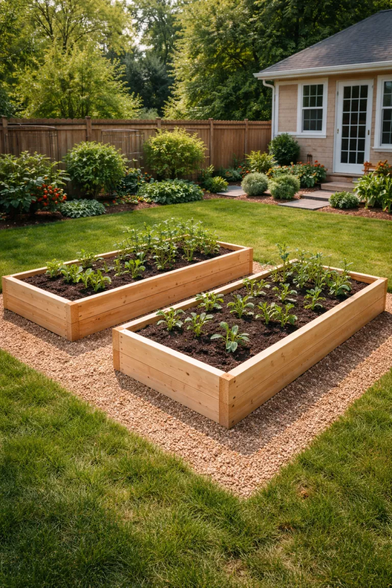 A realistic photo of a typical American home's backyard featuring two rectangular raised garden beds made of light tan untreated cedar wood, filled with dark soil and young green vegetable plants.