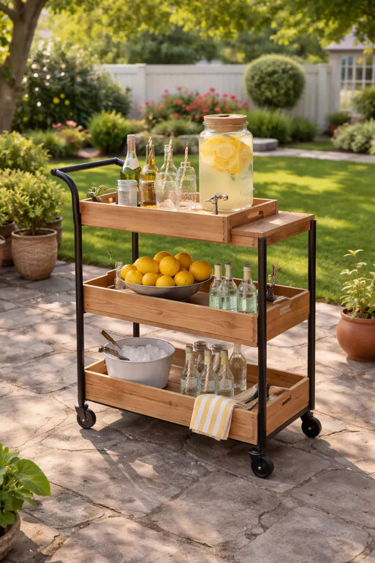 A realistic photo of a typical American home's backyard featuring a rolling bar cart made from light wood crates, holding clear glass bottles and yellow lemons, sitting on a stone patio.
