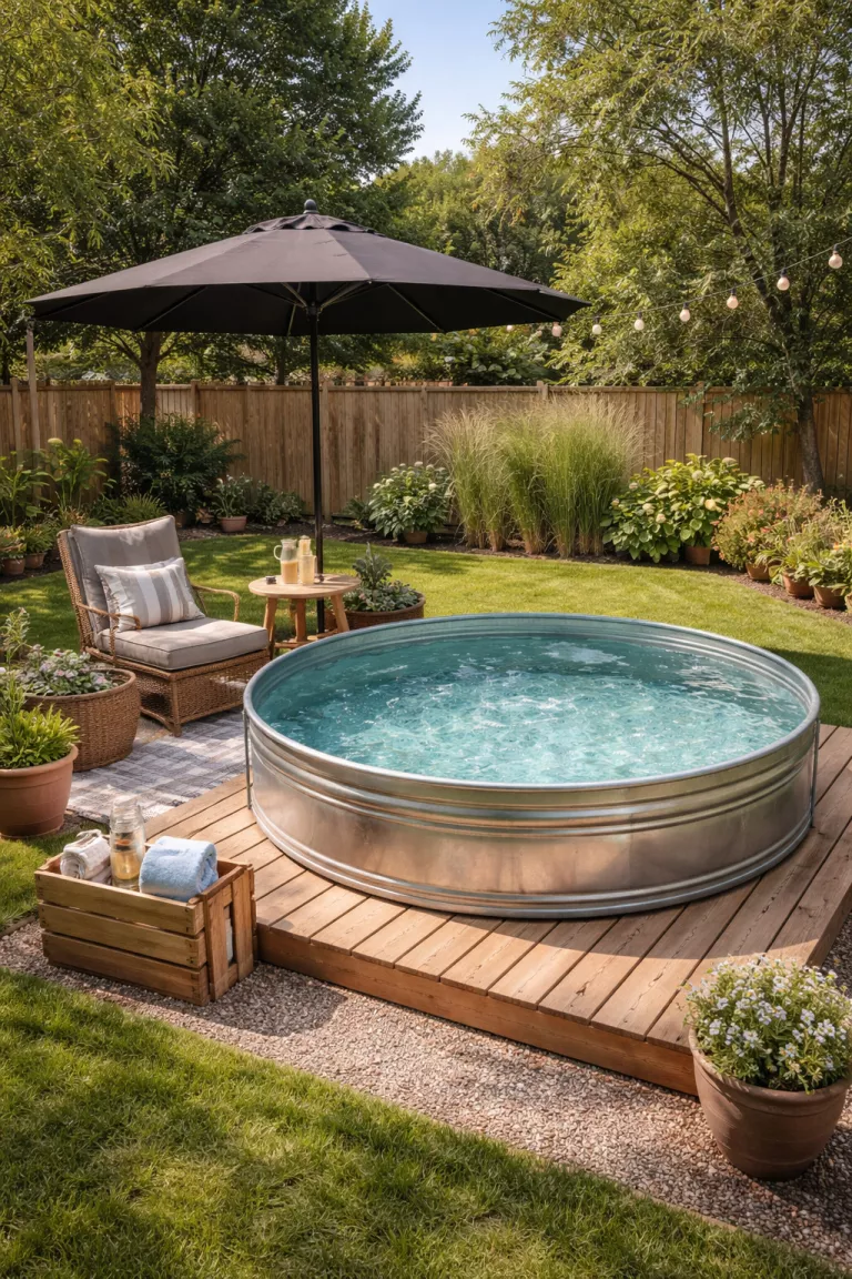 A realistic photo of a typical American home's backyard featuring a silver galvanized metal stock tank pool filled with clear water, surrounded by a small wooden deck and a black outdoor umbrella.