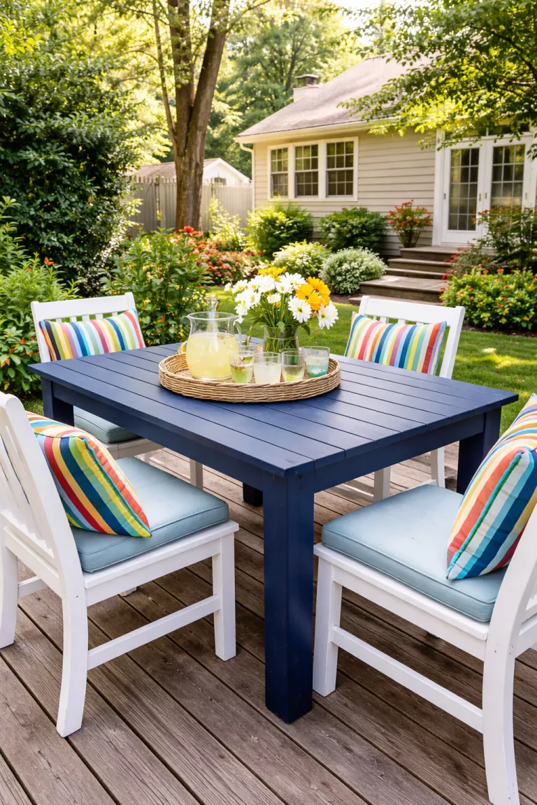 A realistic photo of a typical American home's backyard featuring an old wooden table painted in a bright navy blue color, sitting on a wooden deck with colorful striped outdoor pillows on the chairs.