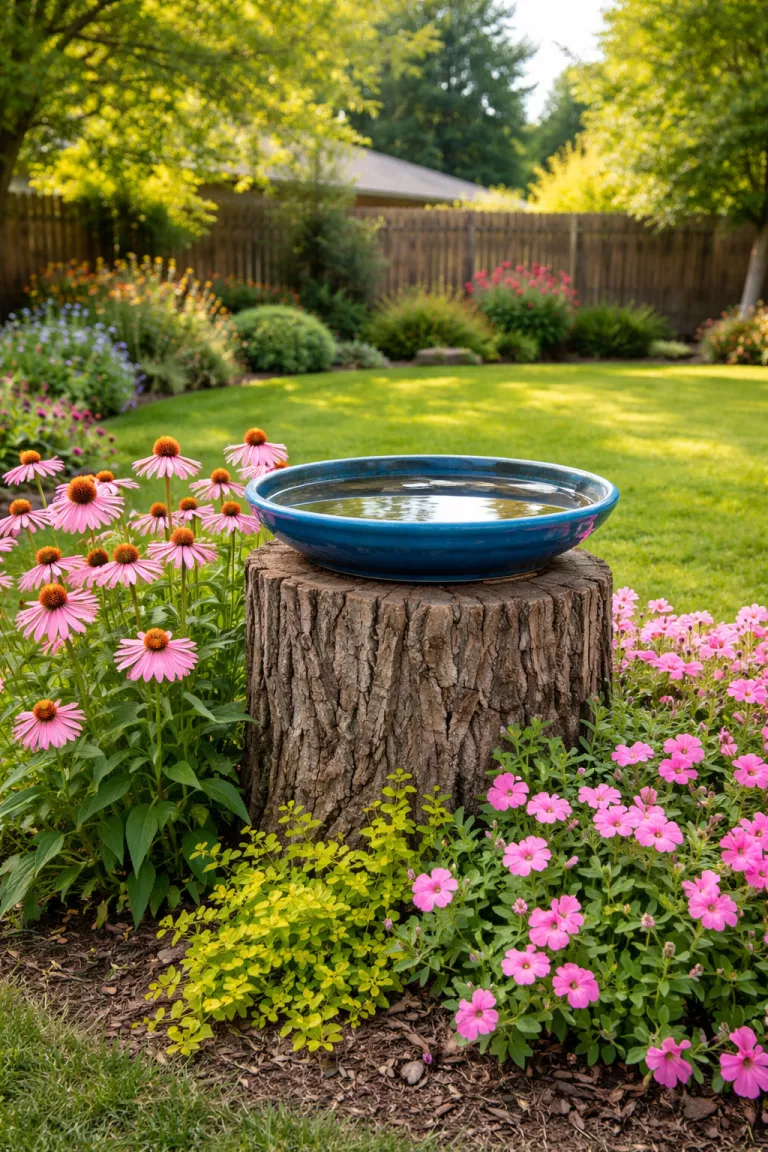 A realistic photo of a typical American home's backyard showing a bird bath made from a blue ceramic saucer on top of a weathered wooden stump, surrounded by pink flowers.