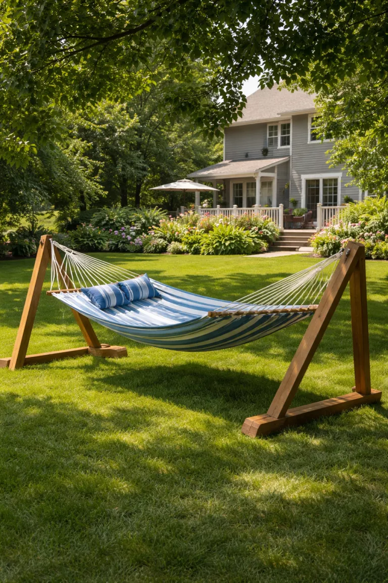 A realistic photo of a typical American home's backyard featuring a wooden A frame hammock stand holding a blue and white striped hammock, positioned on a green lawn in the shade.