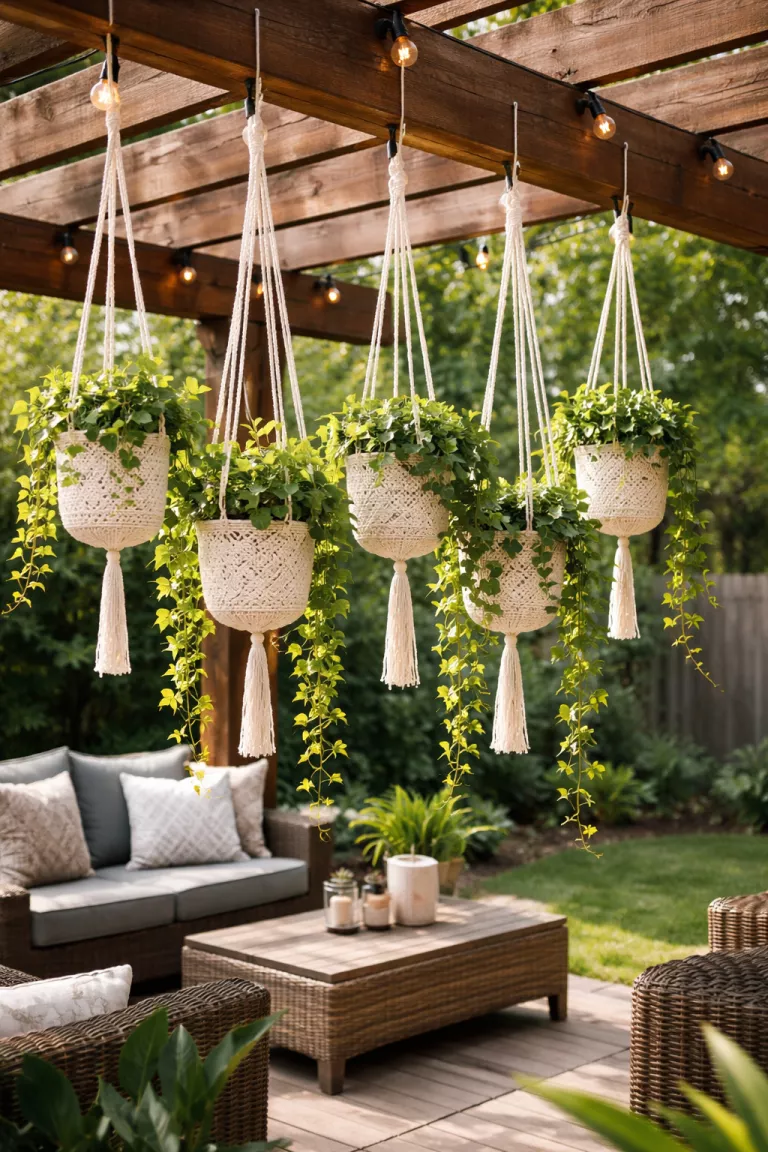 A realistic photo of a typical American home's backyard showing several cream colored macrame hanging planters with green trailing ivy plants, suspended from the wooden beams of a backyard pergola.