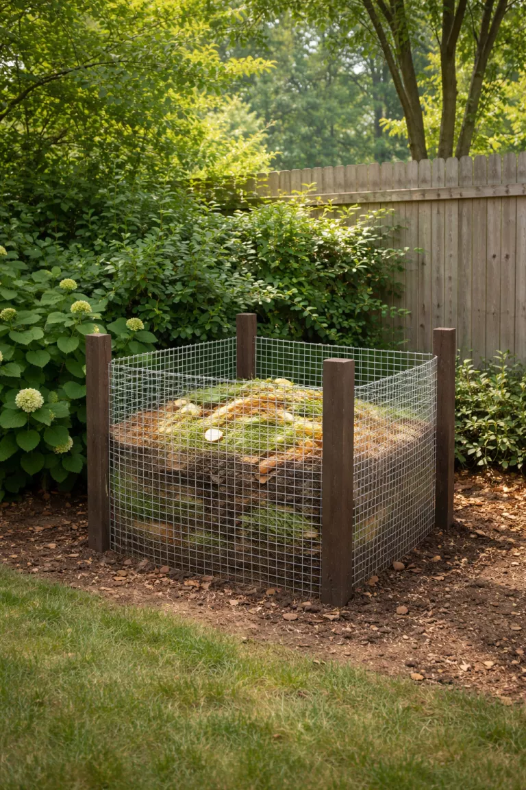 A realistic photo of a typical American home's backyard showing a compost bin made of silver wire mesh and dark wood stakes, located in a quiet corner near some green bushes.