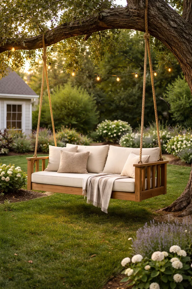 A realistic photo of a typical American home's backyard featuring a natural wood porch swing suspended by thick manila ropes from a large oak tree branch, decorated with cream colored outdoor cushions.
