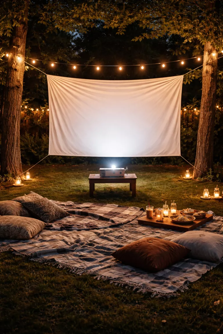 A realistic photo of a typical American home's backyard at night with a large white fabric movie screen stretched between two trees, a projector sitting on a small wooden table, and blankets spread on the grass.