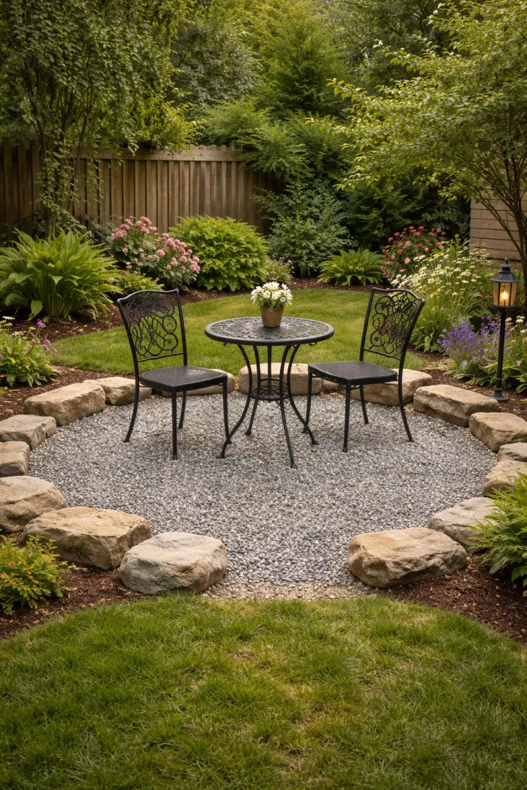 A realistic photo of a typical American home's backyard showing a circular patio area filled with small gray pea gravel, bordered by large weathered stones and featuring a small black iron bistro set.