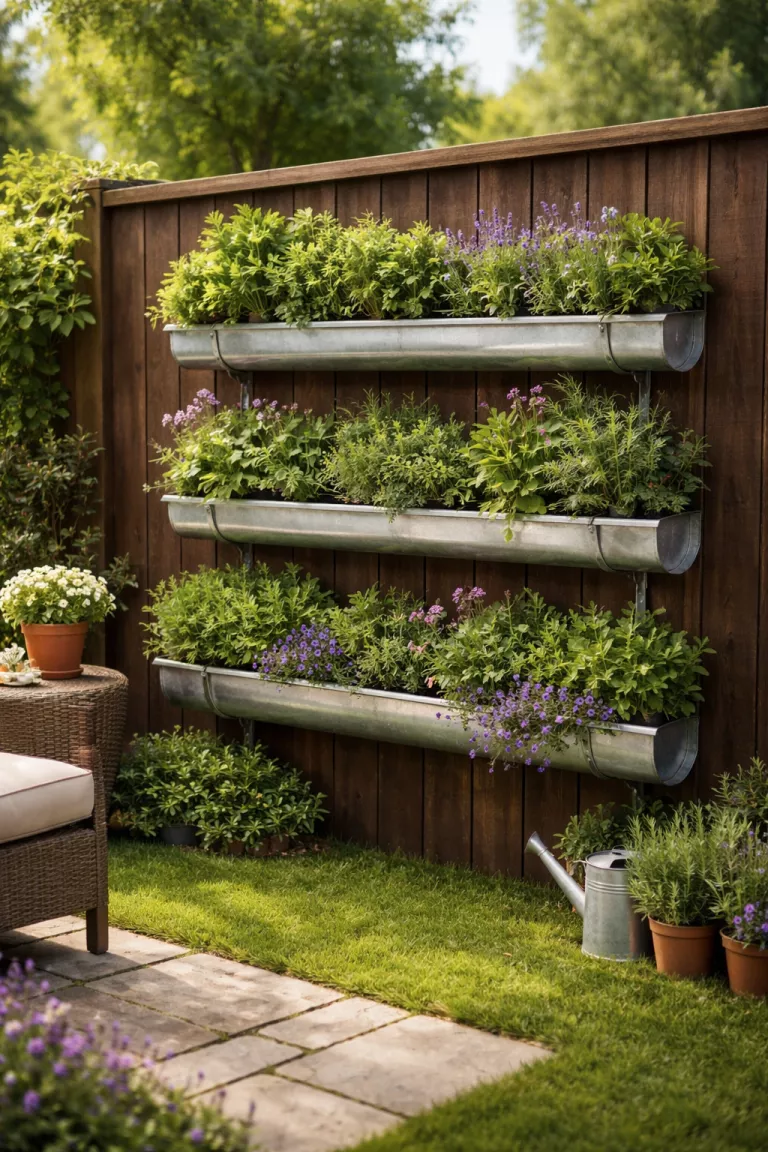 A realistic photo of a typical American home's backyard showing a vertical garden made of silver recycled metal gutters attached to a dark brown wooden fence, overflowing with green herbs and small purple flowers.