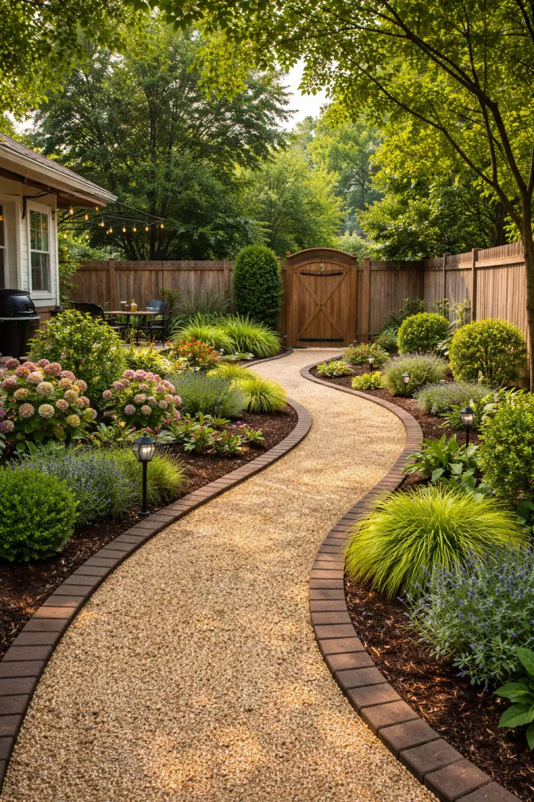A realistic photo of a typical American home's backyard showing a winding path made of light tan gravel, bordered by dark brown bricks and leading toward a wooden gate.