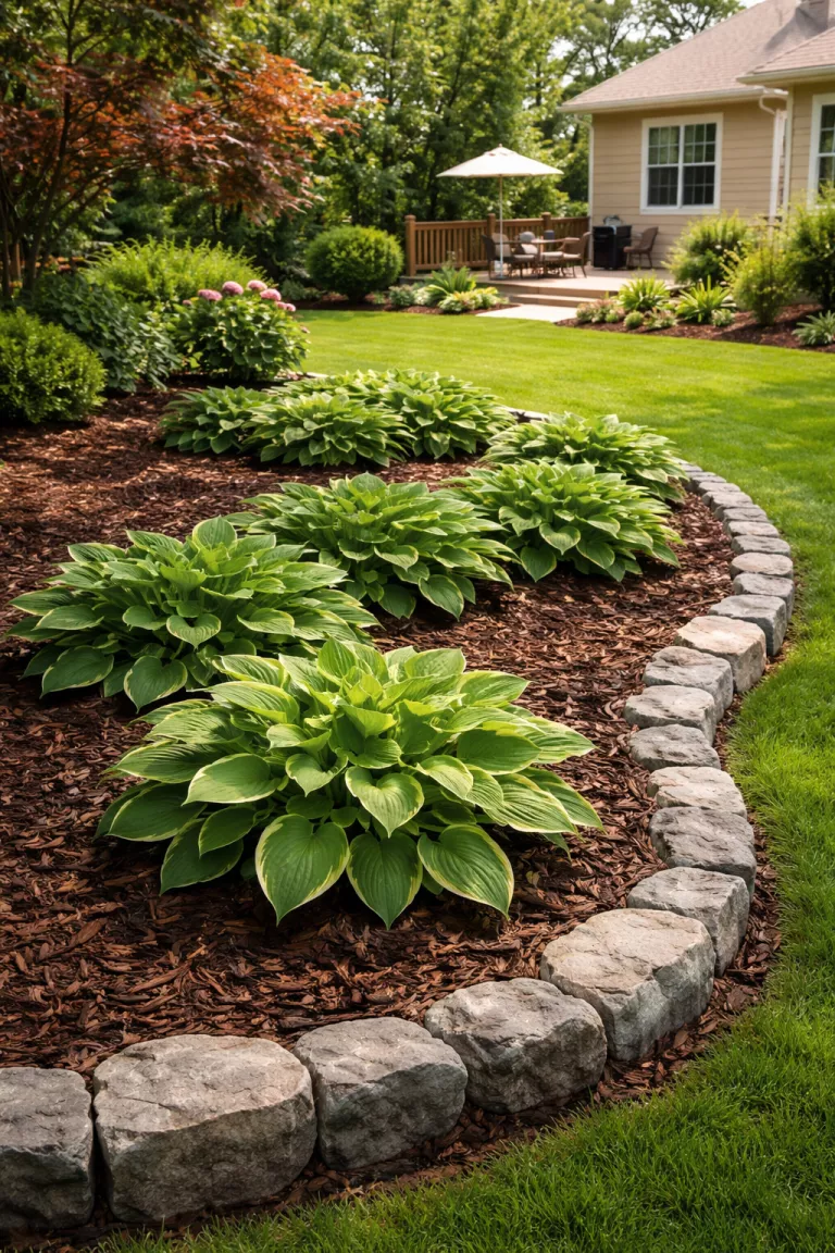 A realistic photo of a typical American home's backyard featuring a garden bed filled with dark brown wood mulch, edged with gray natural stones and containing green hosta plants.