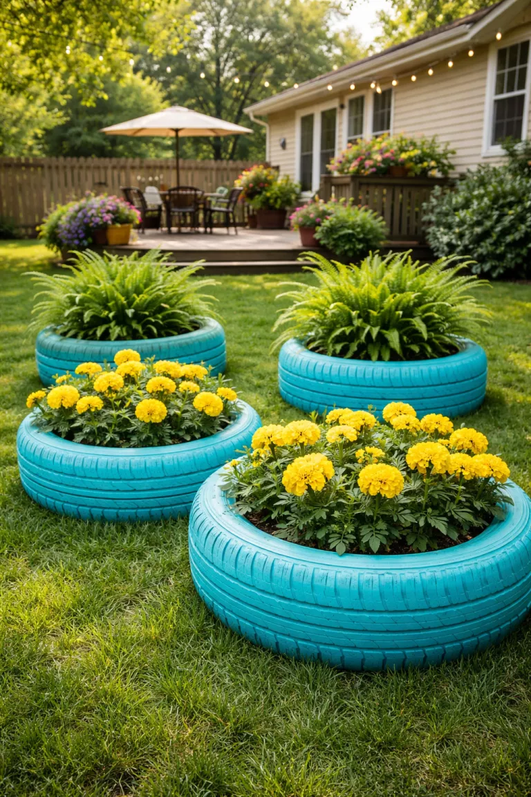 A realistic photo of a typical American home's backyard featuring several bright turquoise painted old tires used as planters, filled with colorful yellow marigolds and green ferns sitting on a lush lawn.