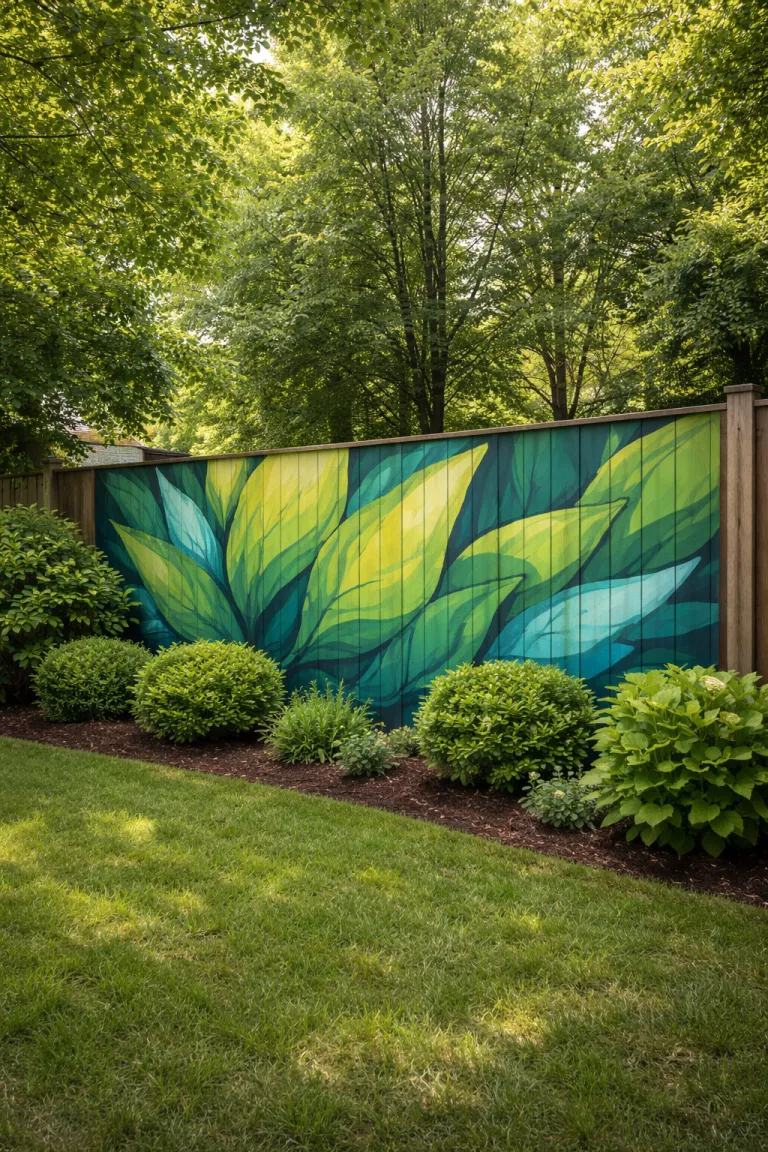 A realistic photo of a typical American home's backyard showing a section of a wooden fence painted with a colorful green and blue abstract leaf mural, surrounded by real green bushes.