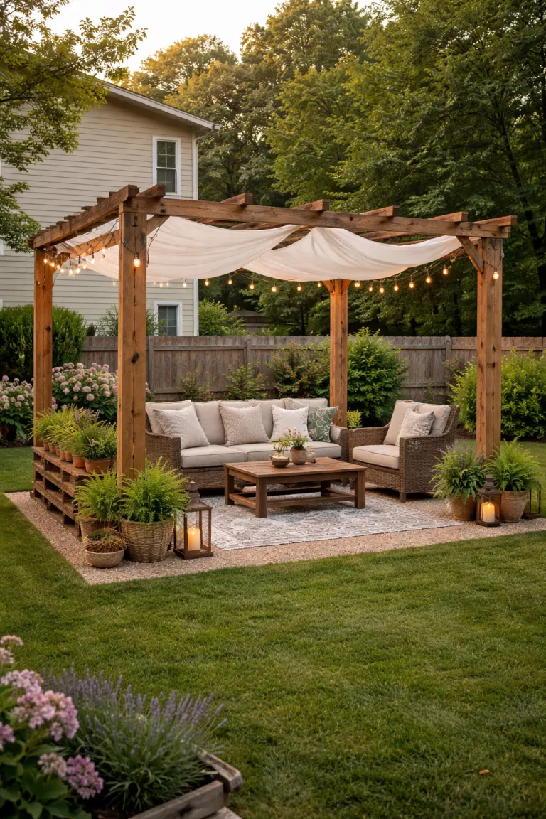 A realistic photo of a typical American home's backyard showing a small pergola made from upright wooden pallets and beams, with a white fabric shade cloth draped over the top.