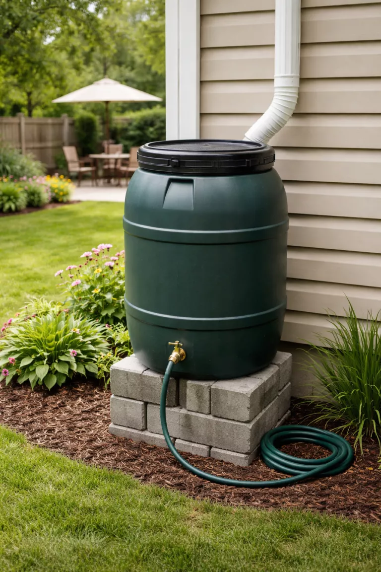 A realistic photo of a typical American home's backyard showing a dark green plastic rain barrel connected to a white downspout, sitting on a base of stacked concrete blocks.