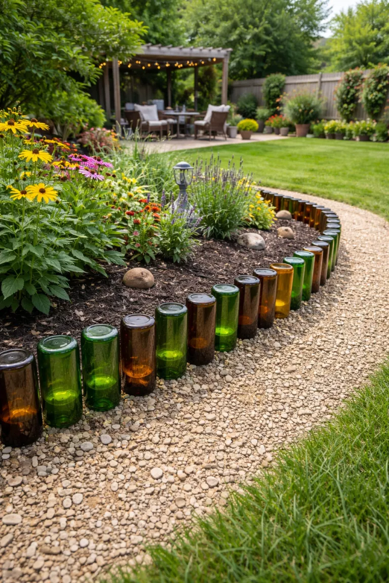 A realistic photo of a typical American home's backyard showing a garden border made of emerald green and amber glass bottles buried neck down in the soil alongside a gravel path.