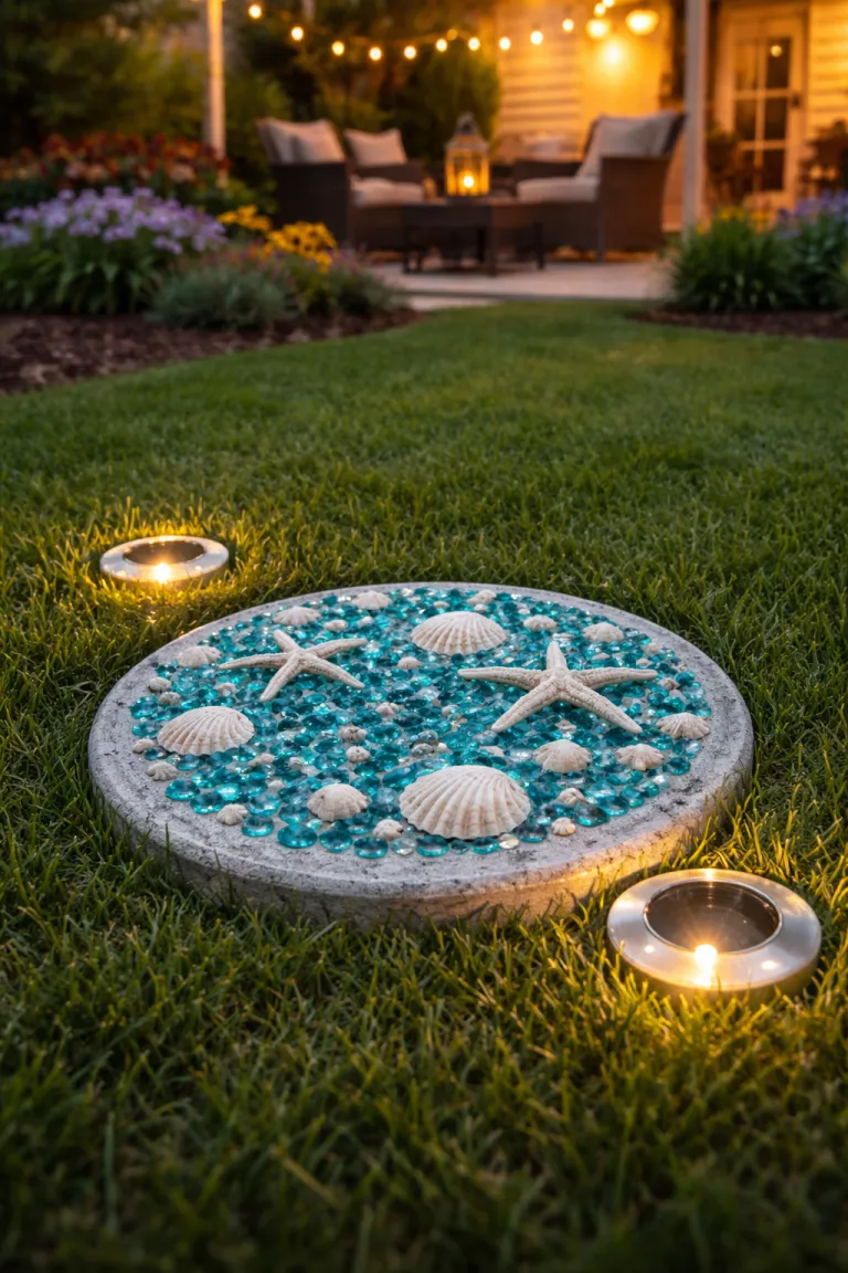 A realistic photo of a typical American home's backyard featuring a round concrete stepping stone embedded with turquoise broken glass and white sea shells, placed in a lawn near small solar puck lights glowing softly.