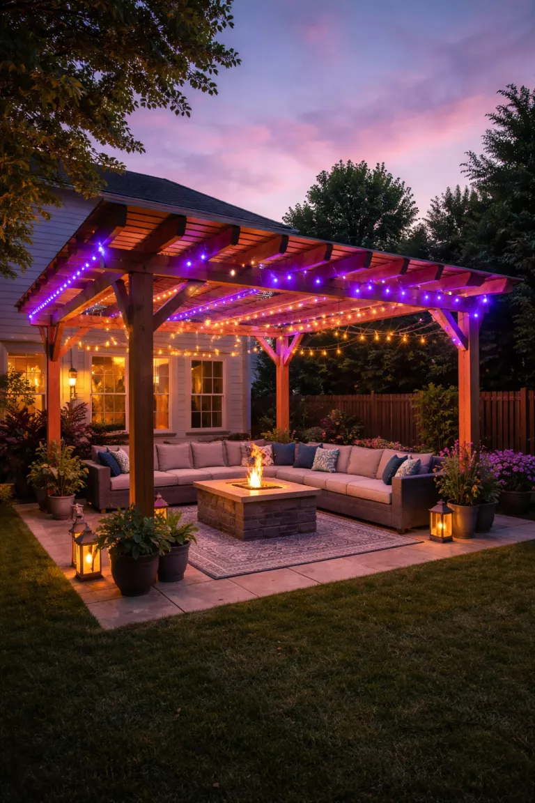 A realistic photo of a typical American home's backyard featuring a wooden pergola with purple and blue programmable led strip lights draped over the beams in a festive evening display.