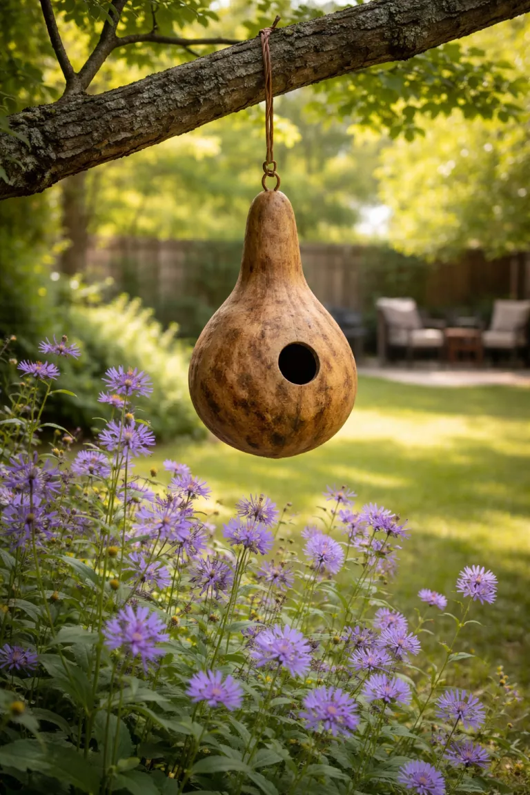 A realistic photo of a typical American home's backyard showing a dried brown gourd birdhouse with a copper hanging wire, suspended from a tree limb surrounded by purple native wildflowers.