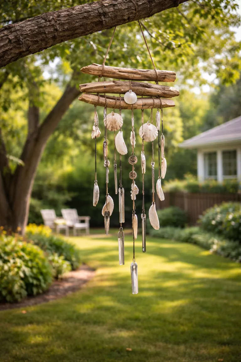 A realistic photo of a typical American home's backyard hanging a wind chime made from light tan driftwood pieces, white sea shells, and silver metal scraps suspended by thin brown twine from a tree branch.