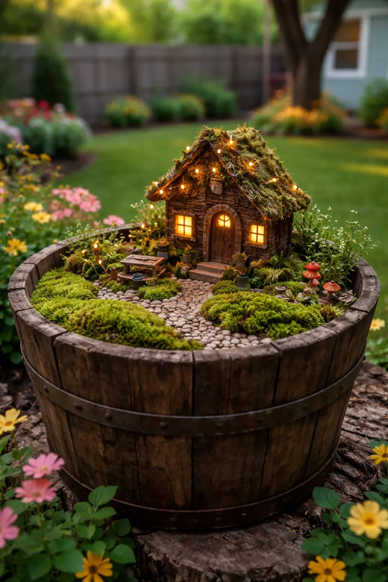 A realistic photo of a typical American home's backyard showing a small fairy garden inside an old wooden bucket, featuring green moss, tiny stone paths, and a miniature brown twig house with tiny warm white led fairy lights.