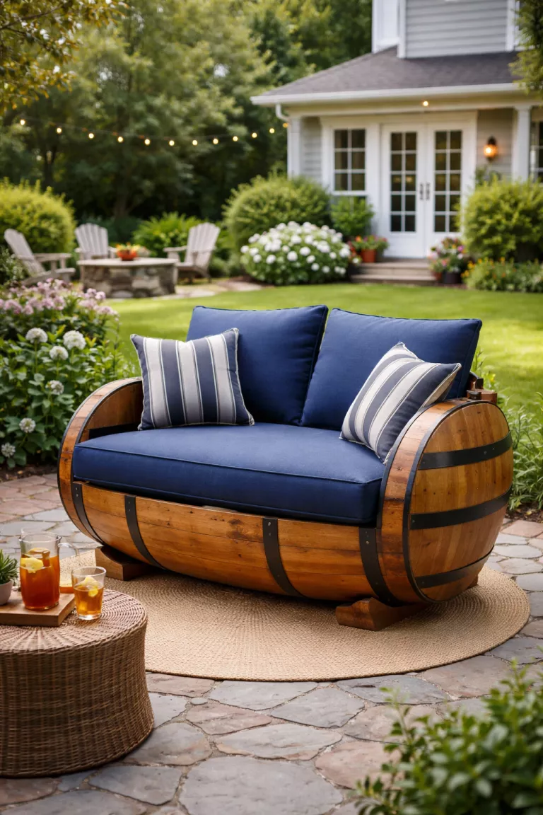 A realistic photo of a typical American home's backyard featuring a patio lounge chair made from a large rustic wooden barrel, featuring navy blue cushions made from recycled fabrics and a smooth matte clear sealant finish on the wood.
