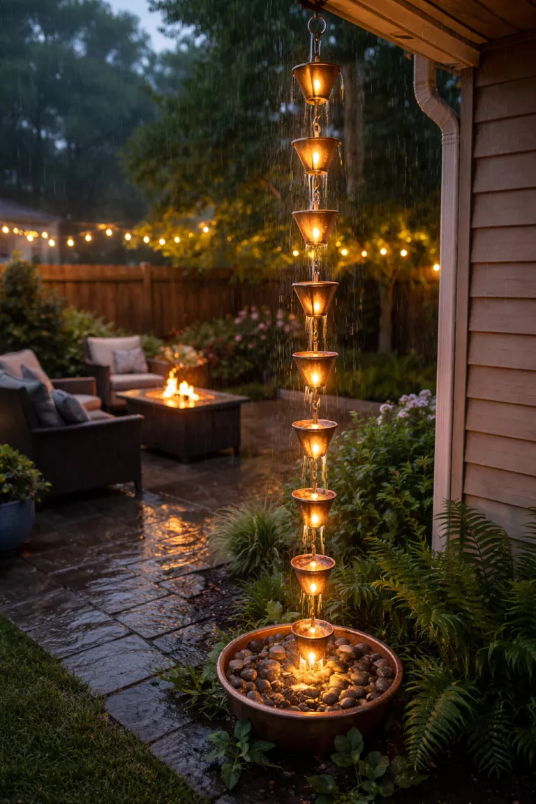 A realistic photo of a typical American home's backyard showing a vertical copper rain chain made of small cups, with integrated warm white solar lights glowing during a light evening drizzle.