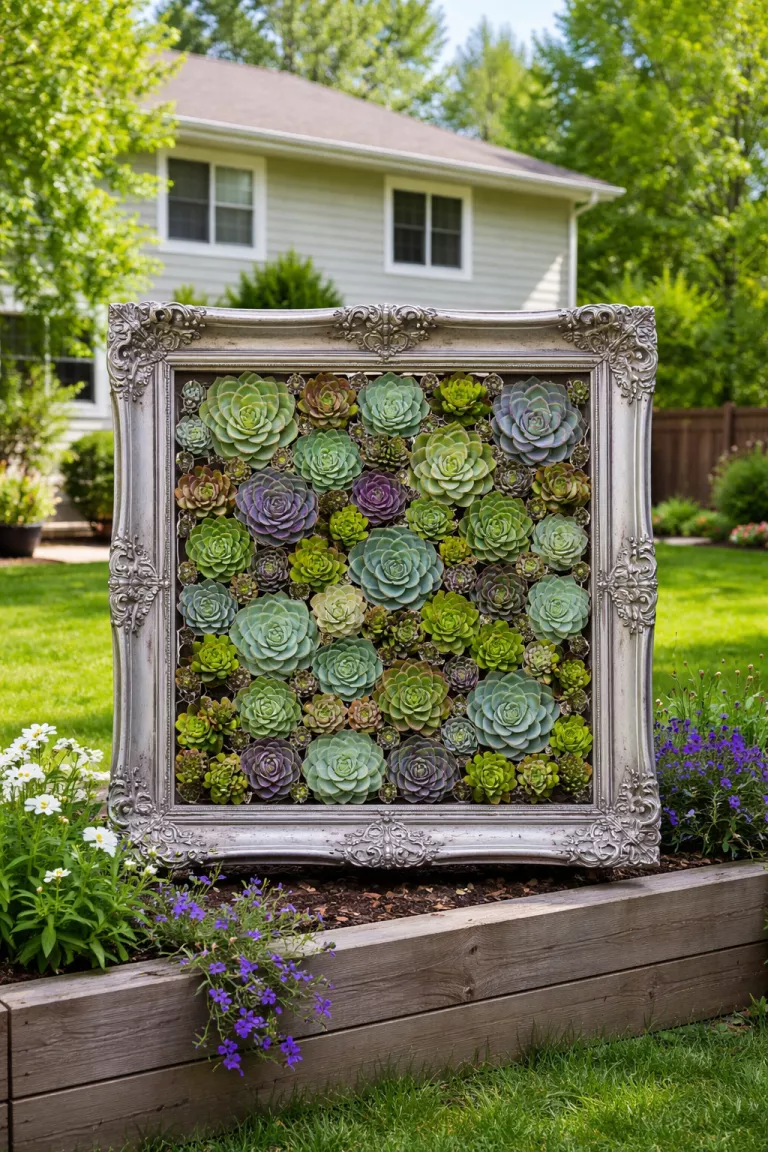 A realistic photo of a typical American home's backyard featuring a silver ornate picture frame repurposed as a planter with a wire mesh front, tightly packed with green and purple rosette succulents.
