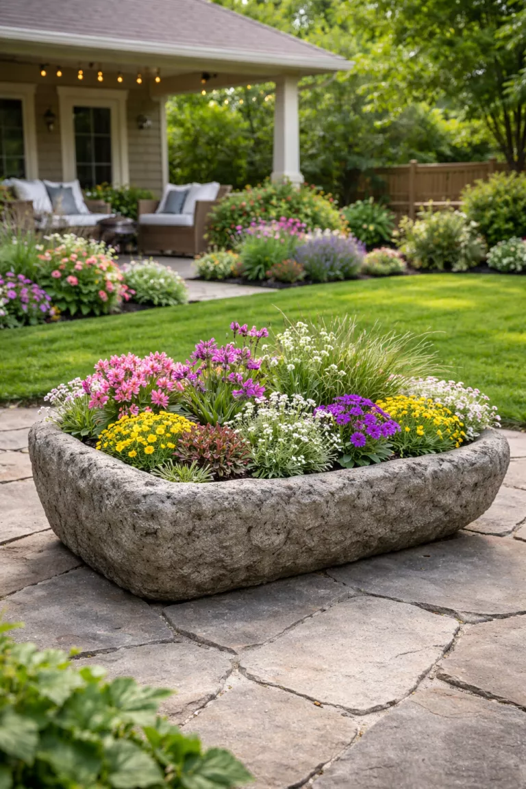 A realistic photo of a typical American home's backyard featuring a textured gray hypertufa planter shaped like a rustic trough, filled with small alpine flowers and sitting on a stone patio.