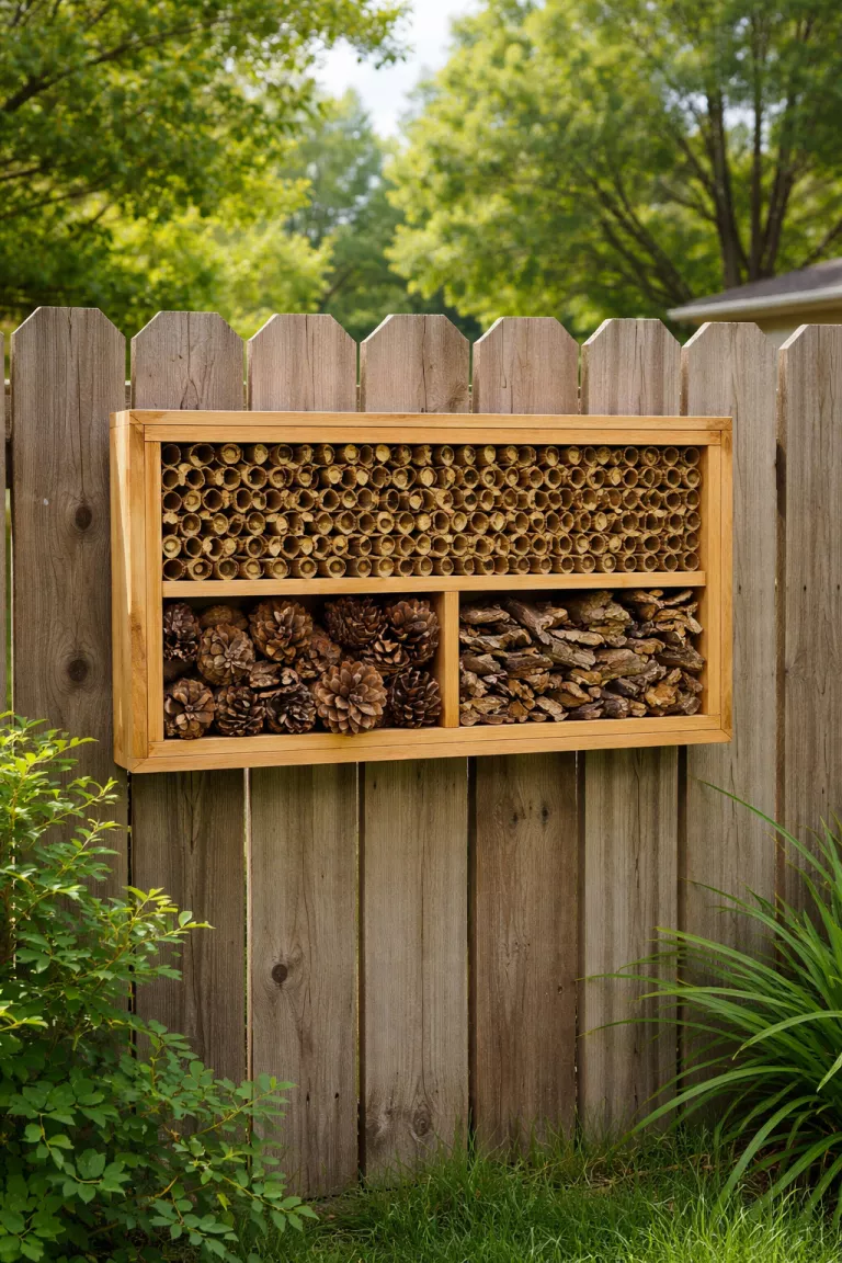 A realistic photo of a typical American home's backyard featuring a rectangular wooden frame bug hotel filled with stacked brown bamboo tubes, pinecones, and small bark pieces, mounted on a fence.