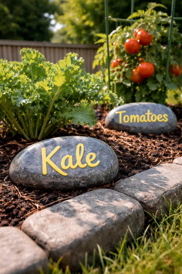 A realistic photo of a typical American home's backyard vegetable bed showing smooth gray river rocks painted with bright yellow acrylic lettering for kale and tomatoes, finished with a glossy clear protective coat.