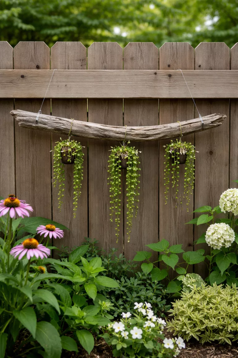 A realistic photo of a typical American home's backyard garden fence where a long gray driftwood branch hangs horizontally by clear fishing line, with three small green string of pearls plants wired to the wood.