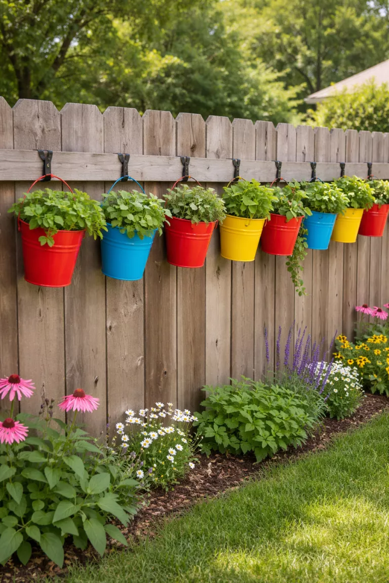 A realistic photo of a typical American home's backyard fence decorated with multiple colorful small metal pails in red, blue, and yellow, attached by black zip ties and holding green leafy plants.