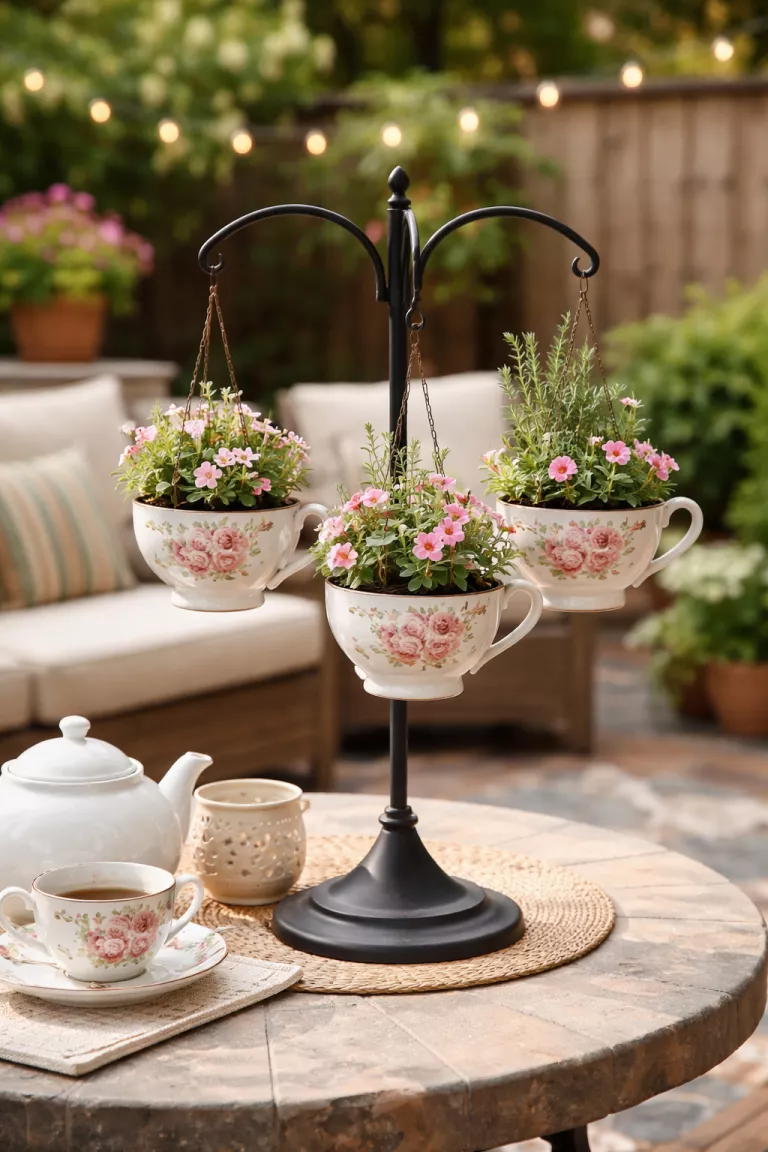 A realistic photo of a typical American home's backyard patio table showing a set of three floral patterned porcelain teacups hanging from a black metal stand, used as planters for small pink flowers and green herbs.