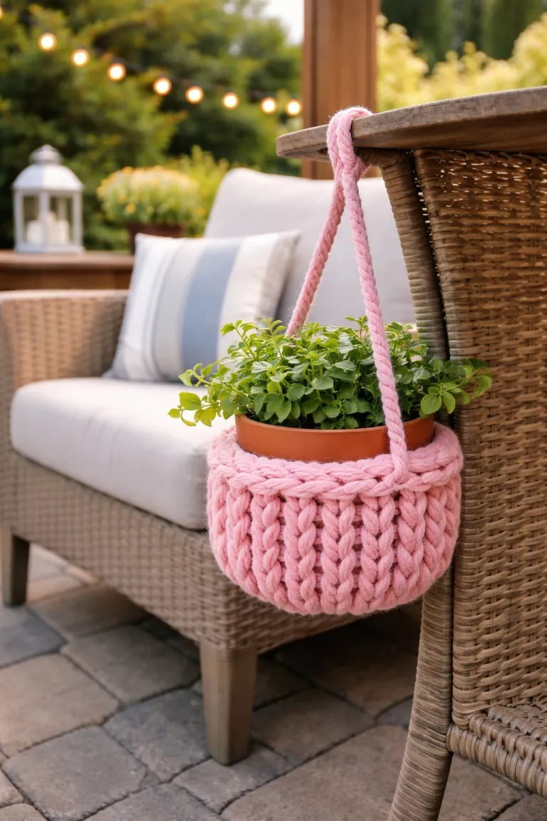 A realistic photo of a typical American home's backyard patio chair with a small pot covered in a thick pink finger-knit yarn sleeve, hanging by a matching pink yarn loop and containing a green plant.