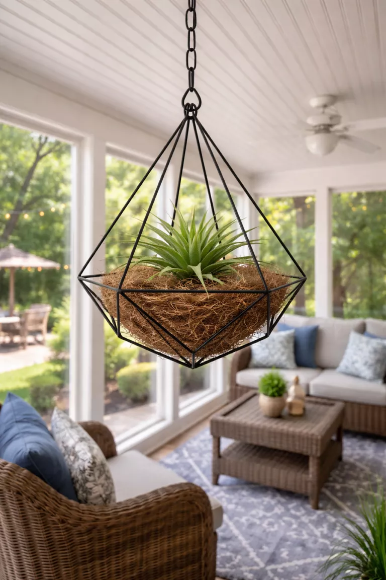 A realistic photo of a typical American home's backyard sunroom showing a black geometric wire frame hanging from the ceiling, containing a green air plant nestled in a bed of brown coco fiber.