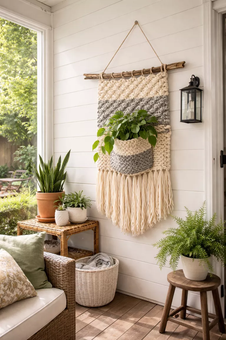 A realistic photo of a typical American home's backyard sunroom wall showing a woven wall hanging made of thick cream and gray yarn, featuring a small pocket that holds a green philodendron plant.