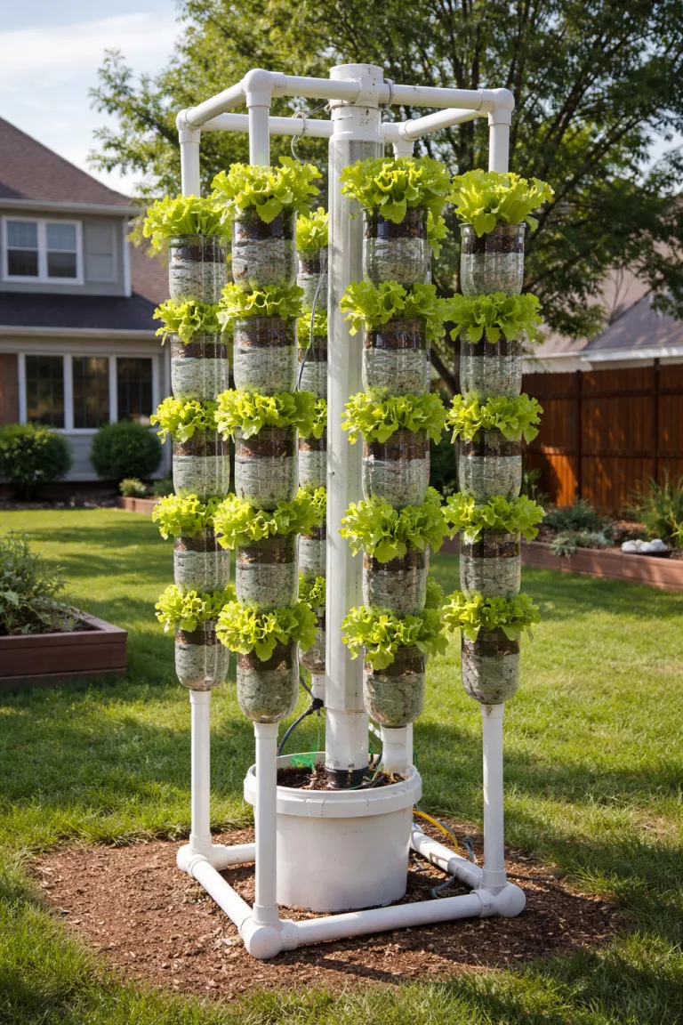 A realistic photo of a typical American home's backyard featuring a vertical tower made from clear plastic soda bottles interlocked on a white PVC pipe frame, with small green lettuce plants growing out of each bottle.