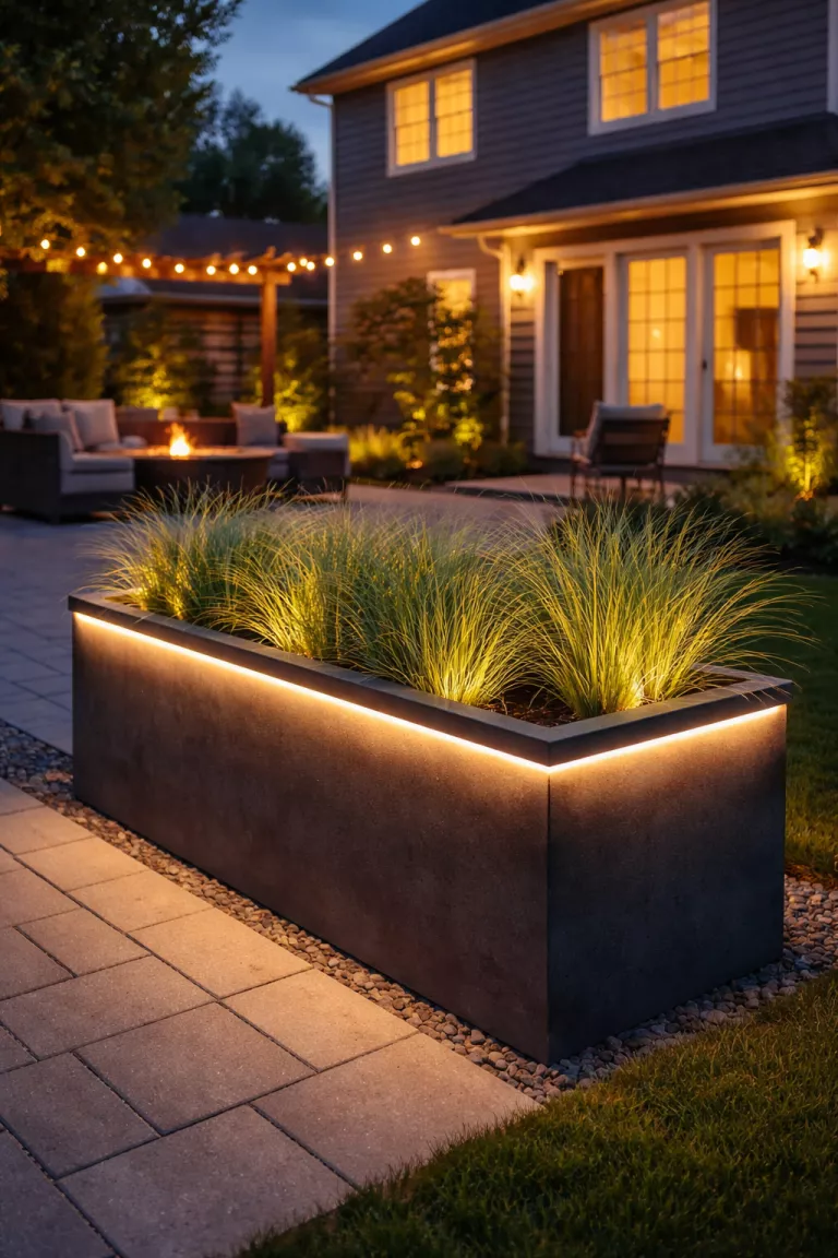 A realistic photo of a typical American home's backyard at dusk, showing a dark gray rectangular concrete planter with a glowing warm white LED strip tucked under the top rim, illuminating green ornamental grasses.