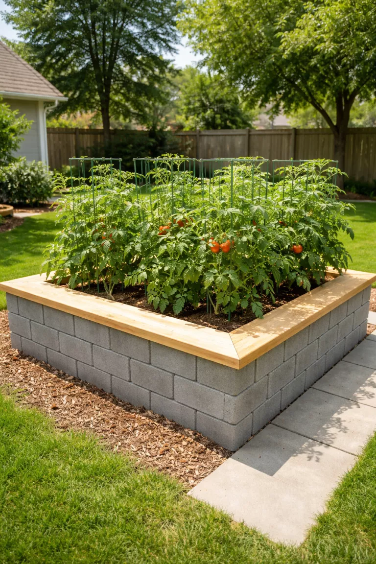 A realistic photo of a typical American home's backyard showing a low raised garden bed built from gray cinder blocks arranged in a square, with light oak wood boards sitting on top as a seating ledge, filled with green tomato plants.