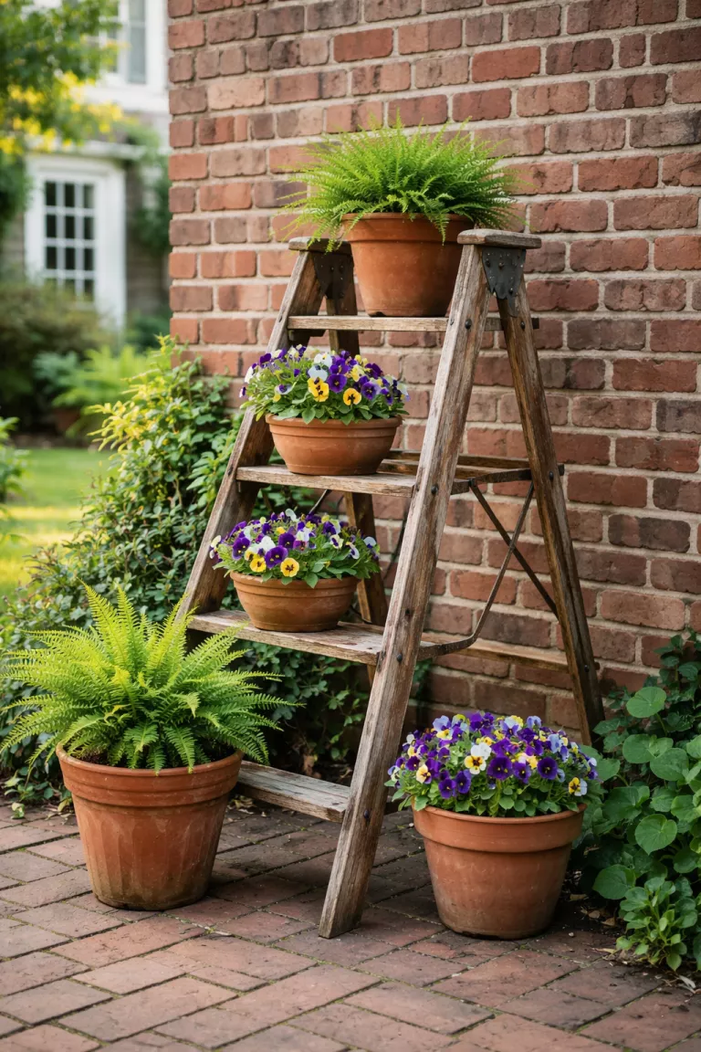 A realistic photo of a typical American home's backyard showing an old wooden step ladder repurposed as a plant stand, with green ferns and purple pansies in various terracotta pots sitting on the steps, positioned near a brick wall.