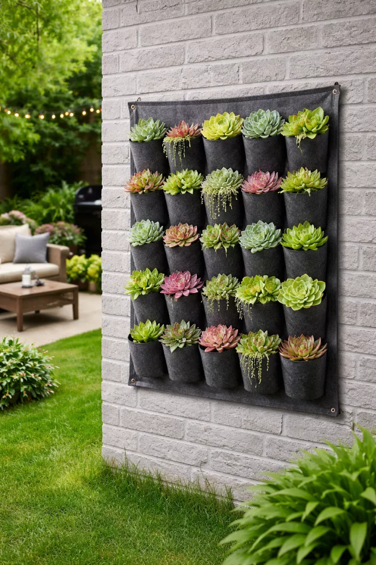 A realistic photo of a typical American home's backyard showing a dark gray felt pocket planter hanging on a gray brick wall, with over twenty small pockets filled with various green and pink succulents.