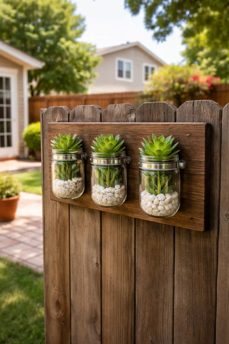 A realistic photo of a typical American home's backyard showing a rustic wood board mounted on a wall with three clear glass mason jars held by silver metal clamps, containing small green succulents and decorative white pebbles.