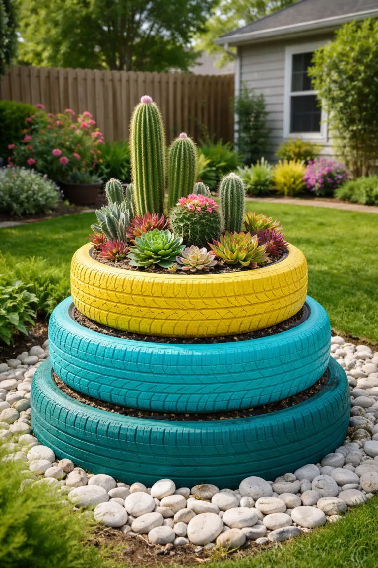 A realistic photo of a typical American home's backyard with three old tires stacked as a planter, painted in bright teal and yellow, filled with a variety of colorful succulents and desert cacti, sitting on a bed of white river stones.