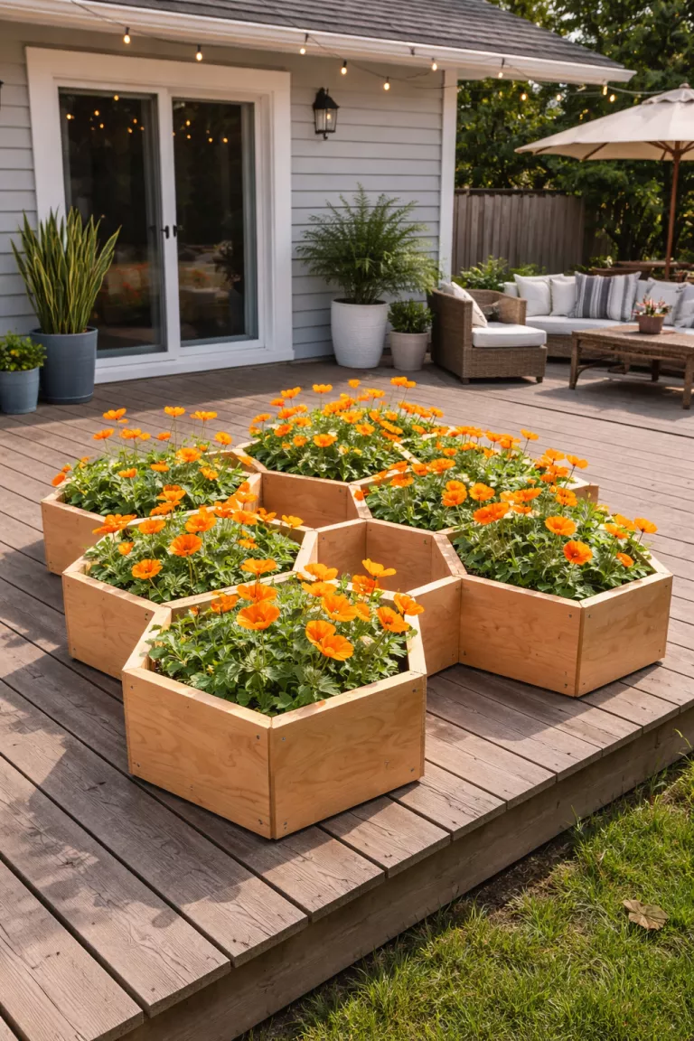 A realistic photo of a typical American home's backyard featuring several light brown plywood hexagon planters connected together in a honeycomb pattern on a deck, with orange poppies and green leaves.