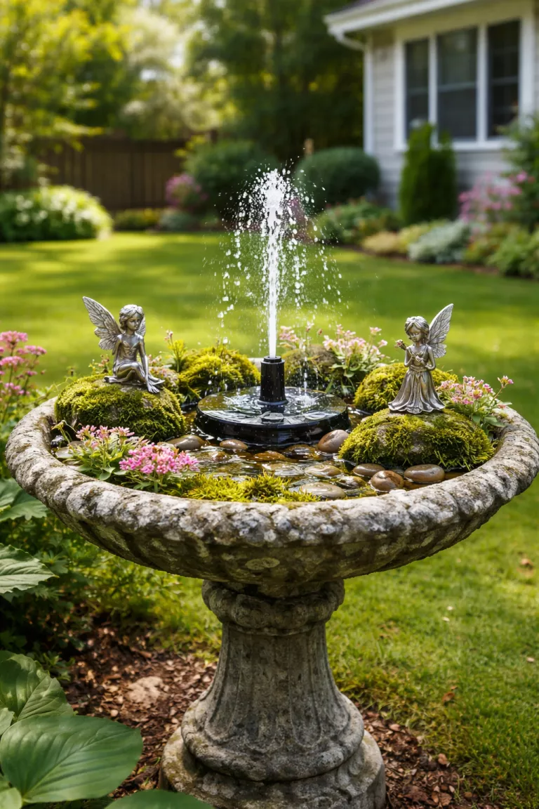 A realistic photo of a typical American home's backyard featuring an old weathered gray stone birdbath converted into a garden with a small black solar fountain and tiny silver fairy statues standing on mossy rocks.