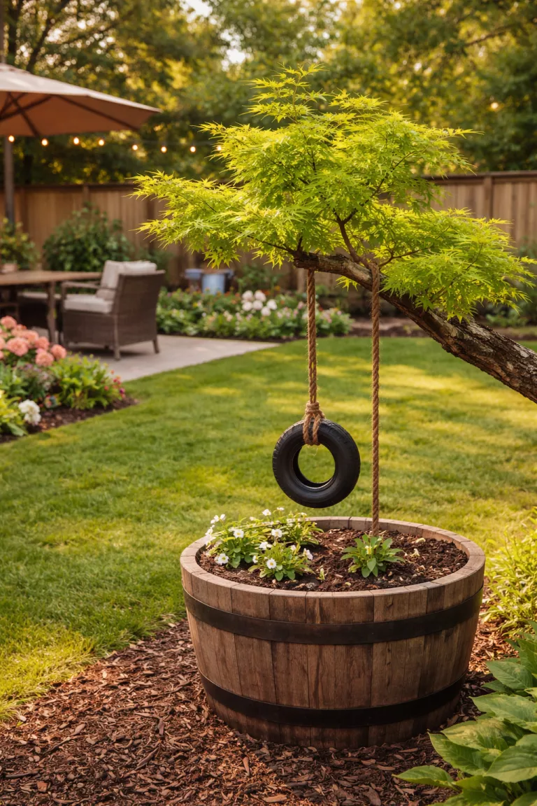 A realistic photo of a typical American home's backyard featuring a halved brown oak whiskey barrel containing a mini green Japanese maple tree and a tiny brown twig tire swing hanging from a branch.