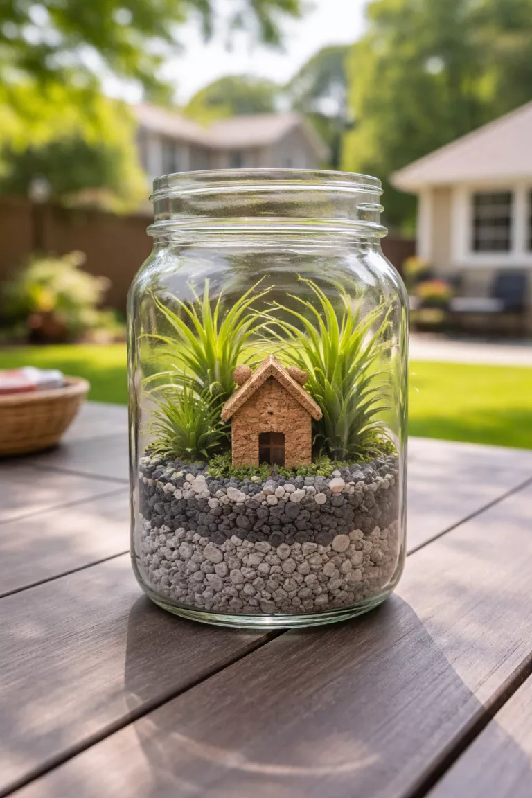 A realistic photo of a typical American home's backyard on an outdoor table featuring a large glass mason jar with layers of gray gravel and green air plants inside around a tiny brown cork house.
