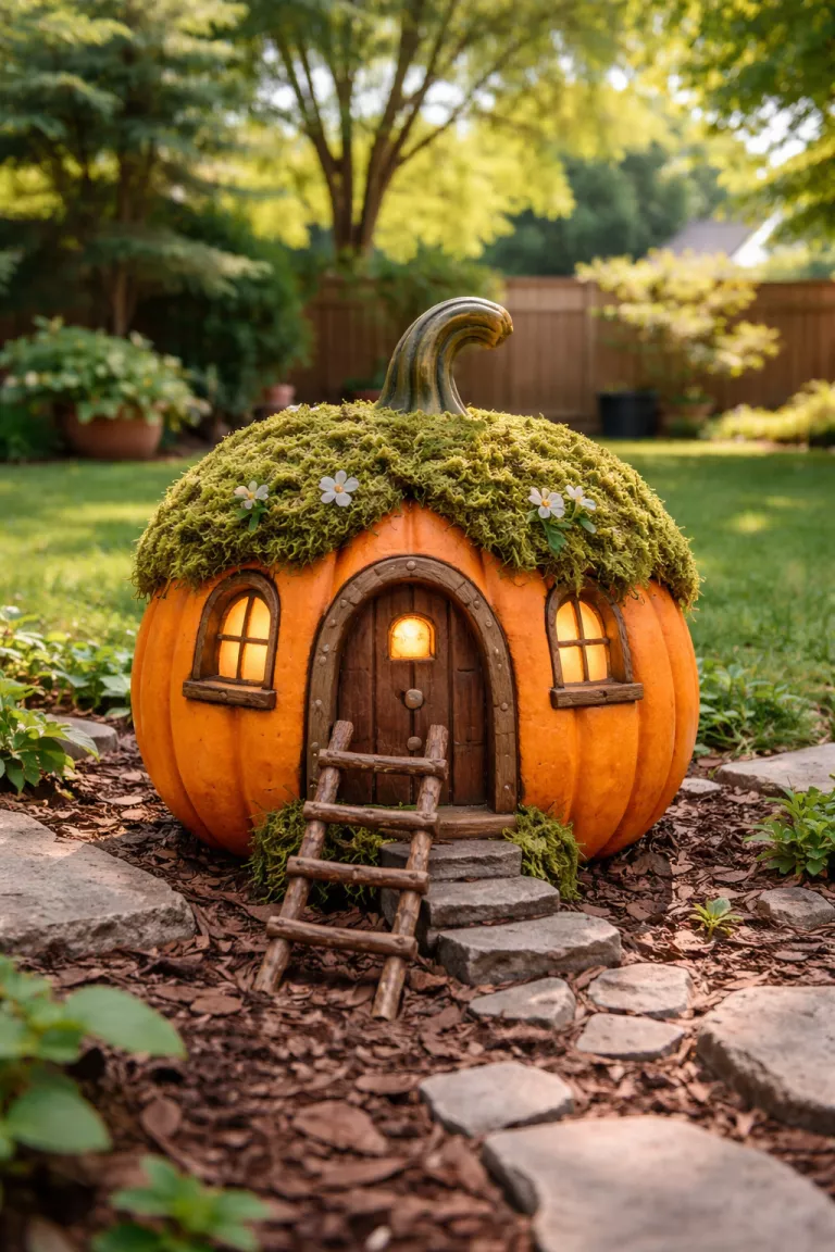 A realistic photo of a typical American home's backyard showing a carved orange foam pumpkin with a green moss roof and a small ladder made of brown twigs leaning against the front door.