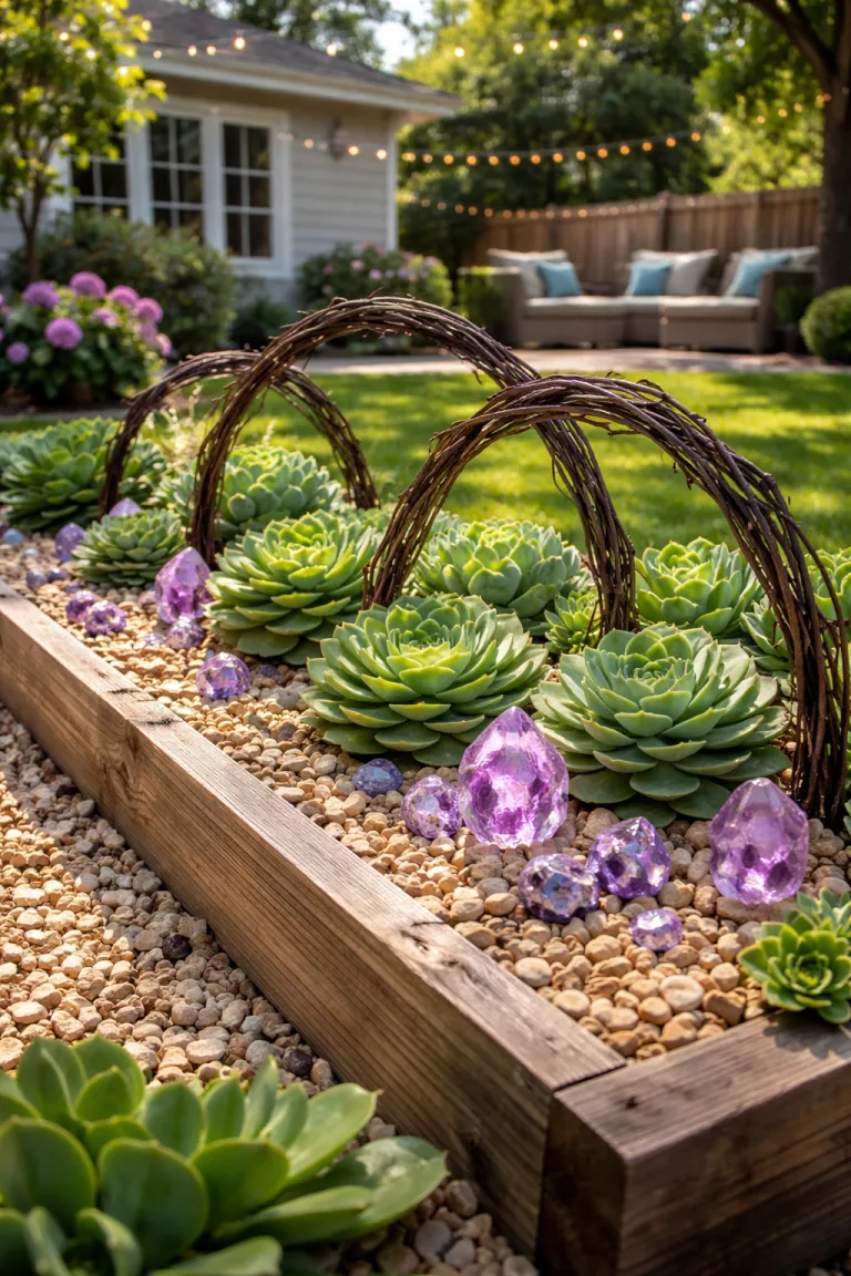 A realistic photo of a typical American home's backyard with a low wooden planter filled with green rosetted succulents, dark brown twig archways, and shimmering purple crystal accents scattered on a bed of tan pebbles.